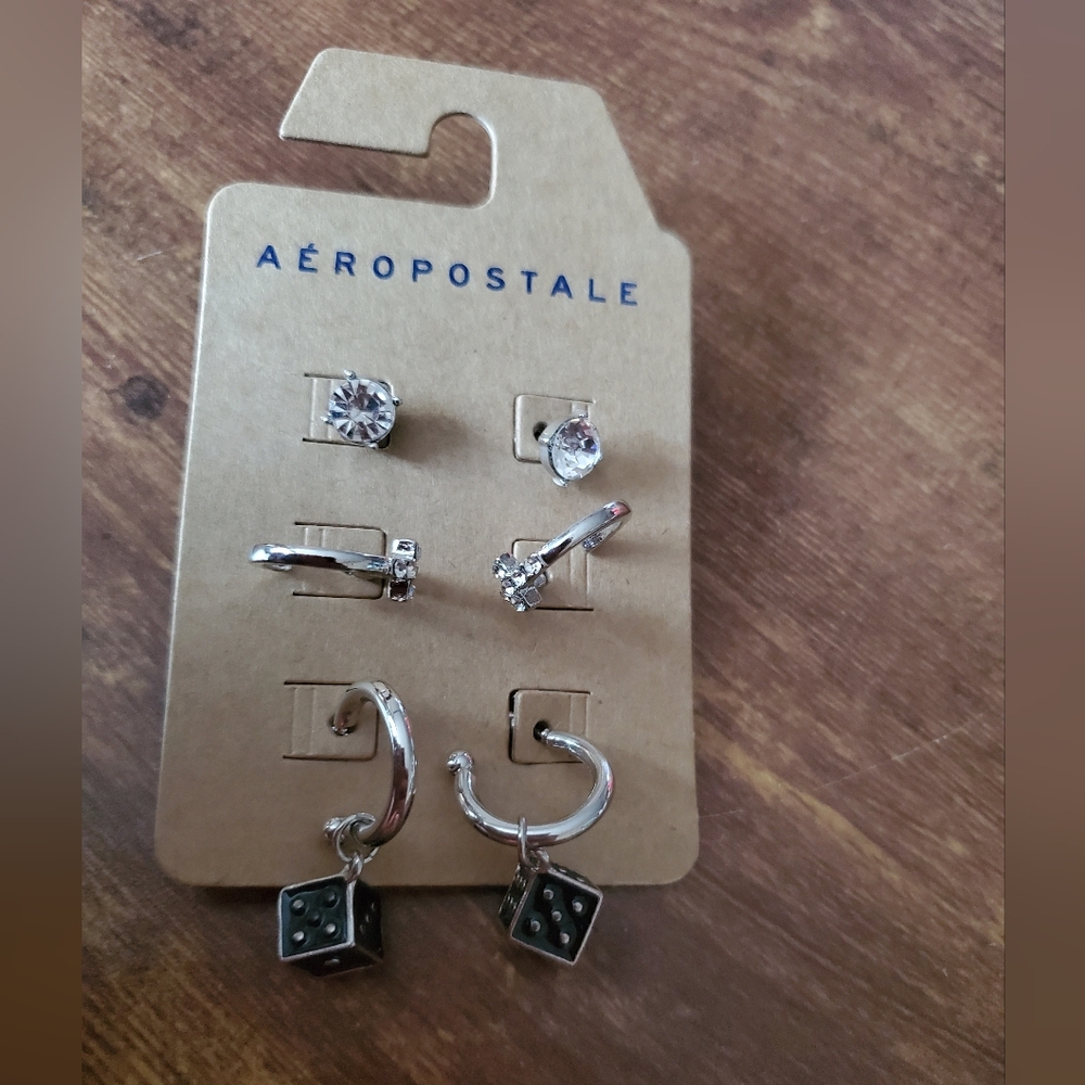 Aeropastle 3pk Silver crystal/3D die dangle earrings
